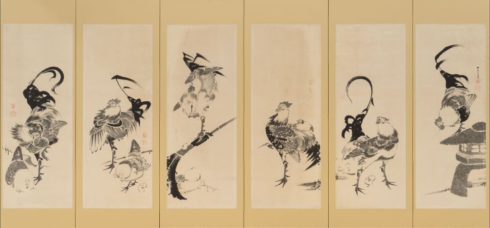 s5_伊藤若冲_鶏図押絵貼屏風_右隻（1797年）_前期_福田美術館蔵.jpg